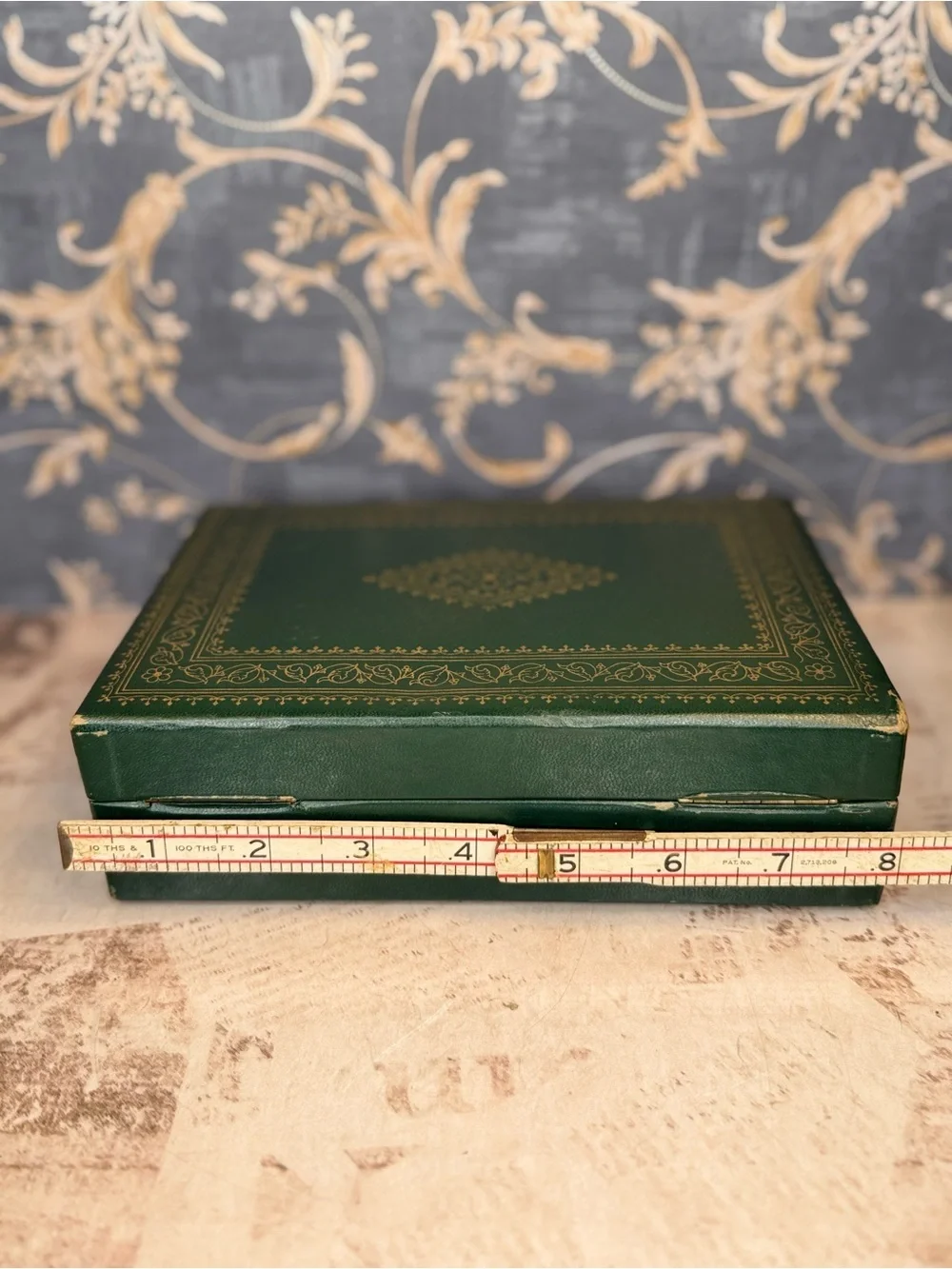 Vintage Green Faux Leather Jewelry Box Brass Lock Ring Tray Vanity Case